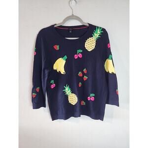 Talbots Fruit Sweater Women's Large Embroidered Pineapple 3/4 Sleeve Navy Blue